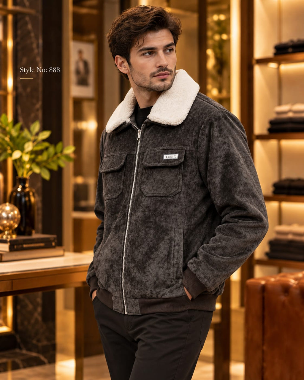 Men’s Sherpa Collar Suede-Look Utility Jacket