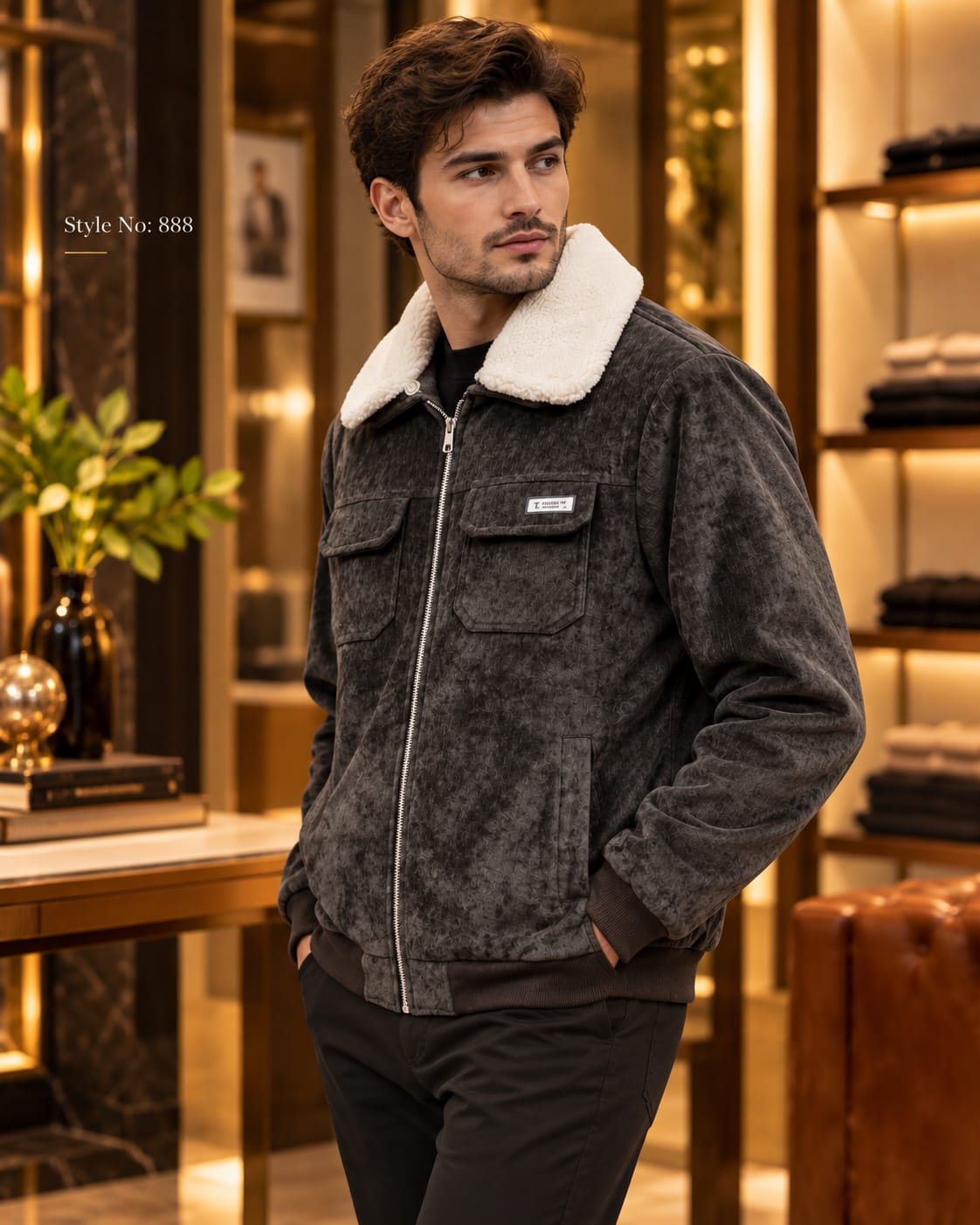Men’s Sherpa Collar Suede-Look Utility Jacket