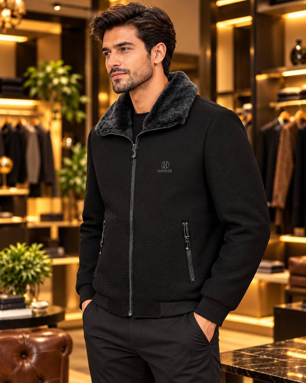 Men’s Faux-Fur Collar Full-Zip Casual Jacket