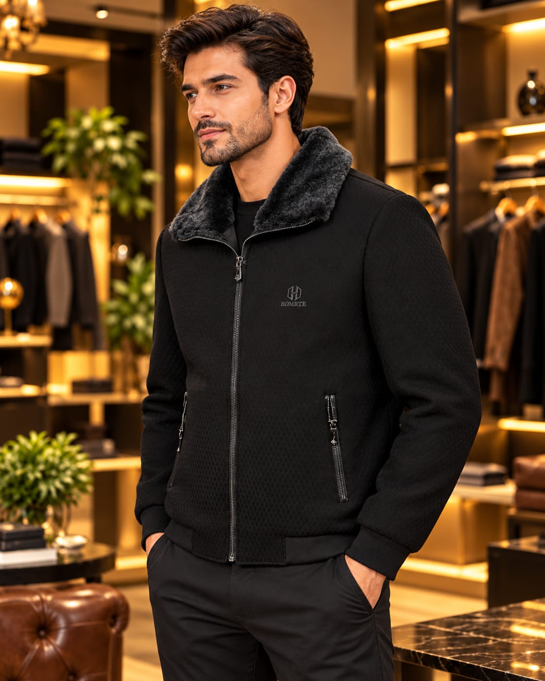 Men’s Faux-Fur Collar Full-Zip Casual Jacket