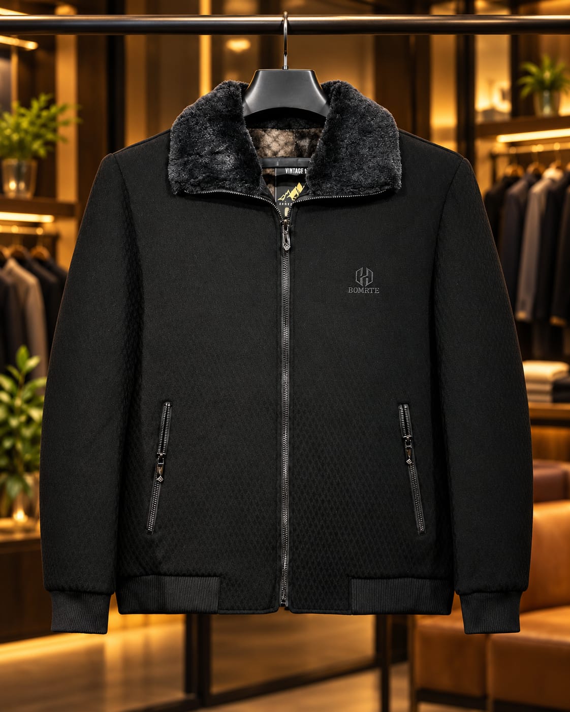 Men’s Faux-Fur Collar Full-Zip Casual Jacket