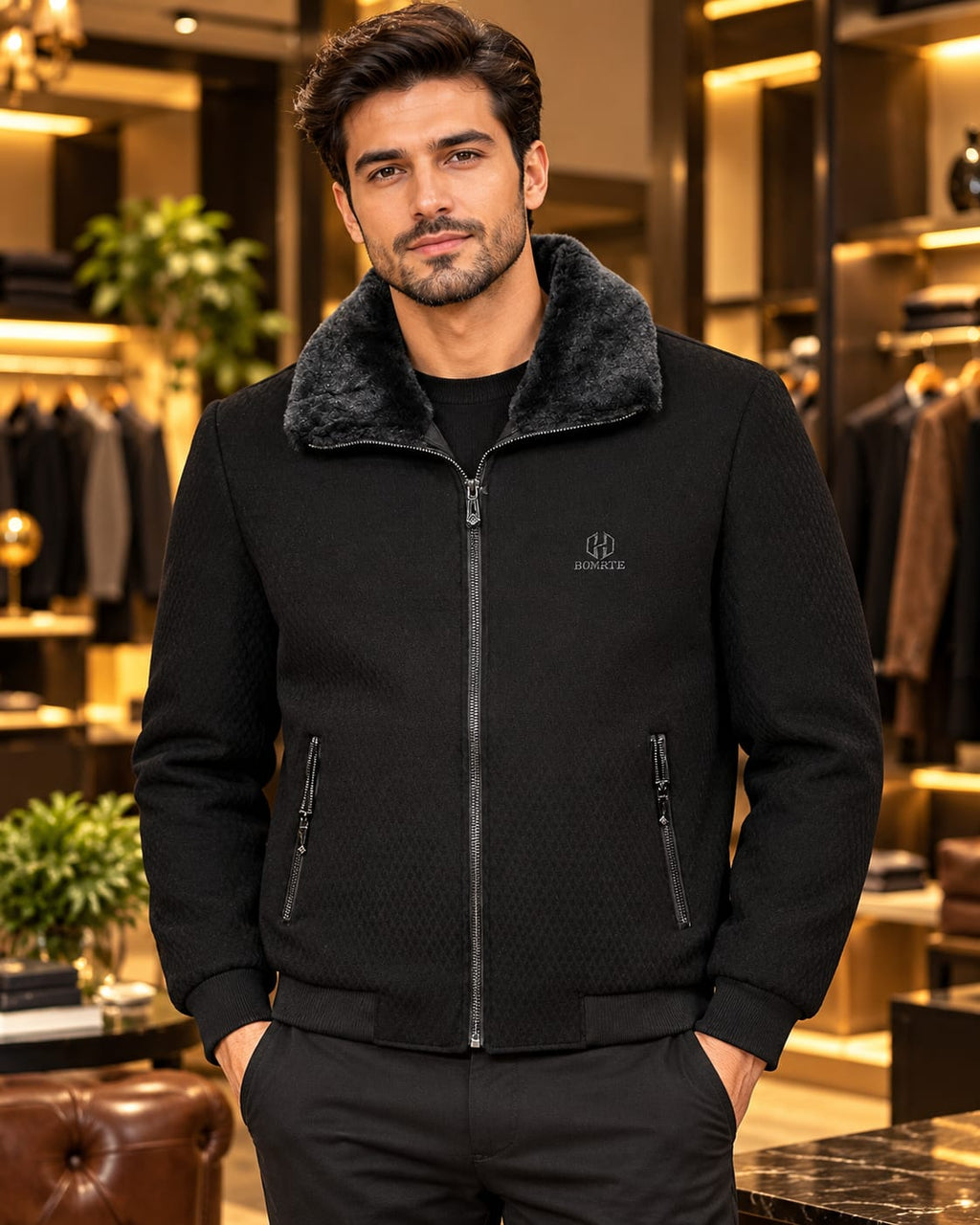 Men’s Faux-Fur Collar Full-Zip Casual Jacket