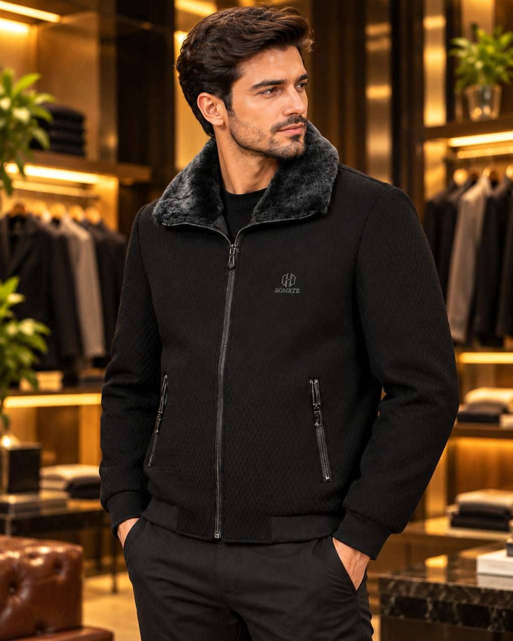 Men’s Faux-Fur Collar Full-Zip Casual Jacket