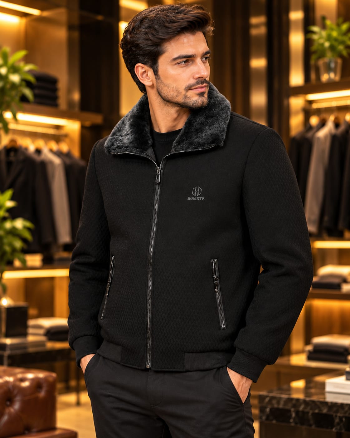 Men’s Faux-Fur Collar Full-Zip Casual Jacket