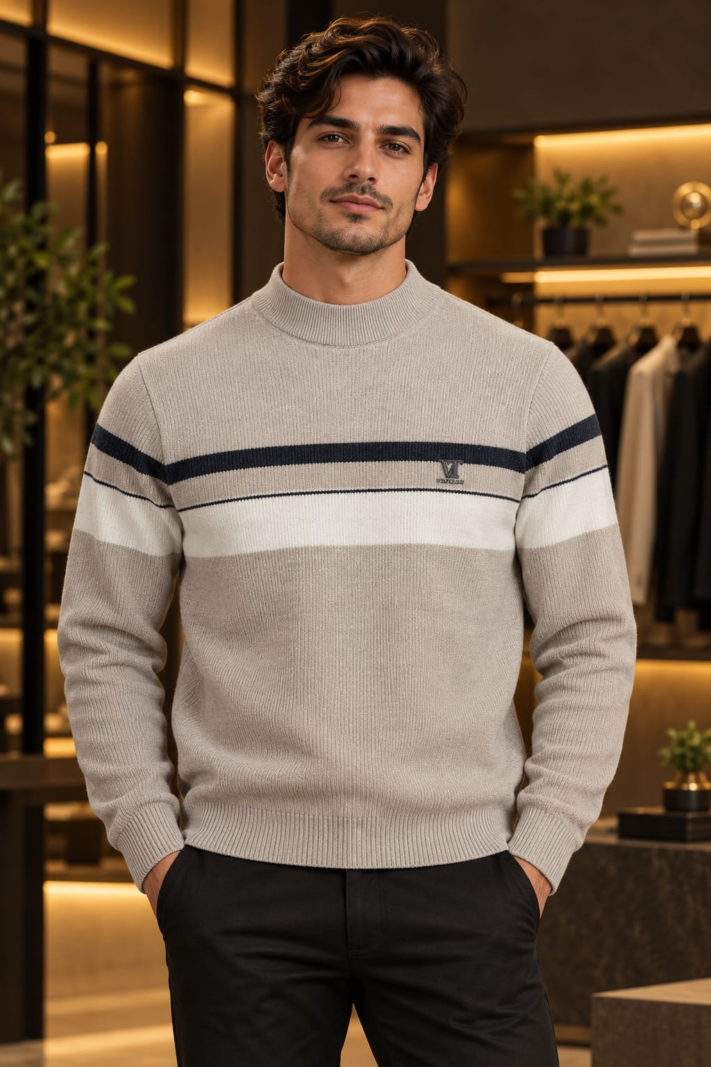 Men’s Mock Neck Contrast Stripe Knit Sweater