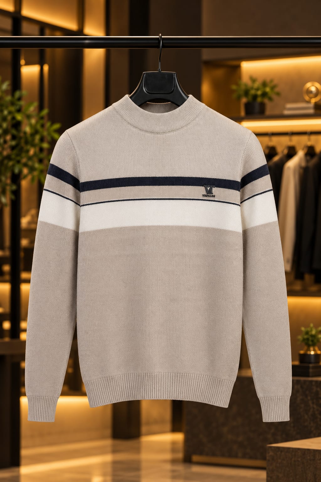Men’s Mock Neck Contrast Stripe Knit Sweater