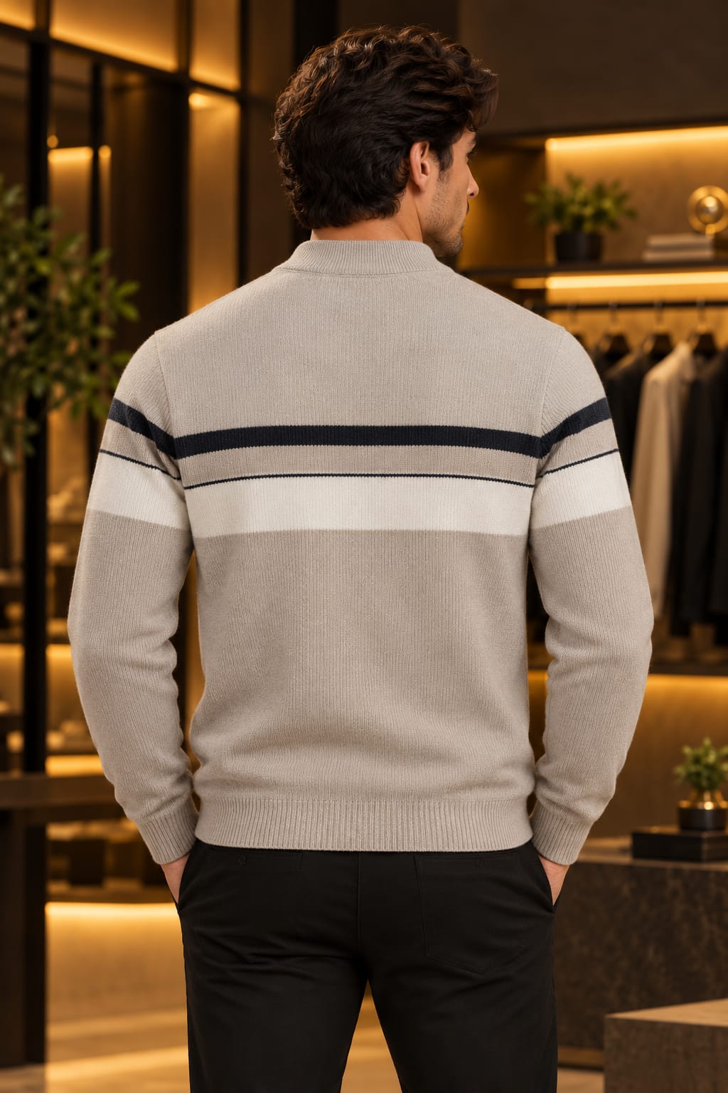Men’s Mock Neck Contrast Stripe Knit Sweater