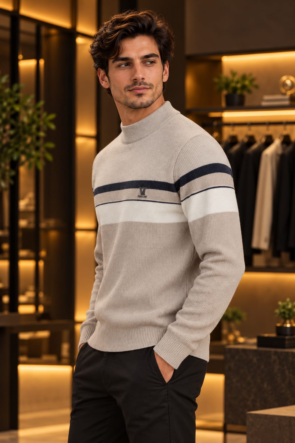 Men’s Mock Neck Contrast Stripe Knit Sweater