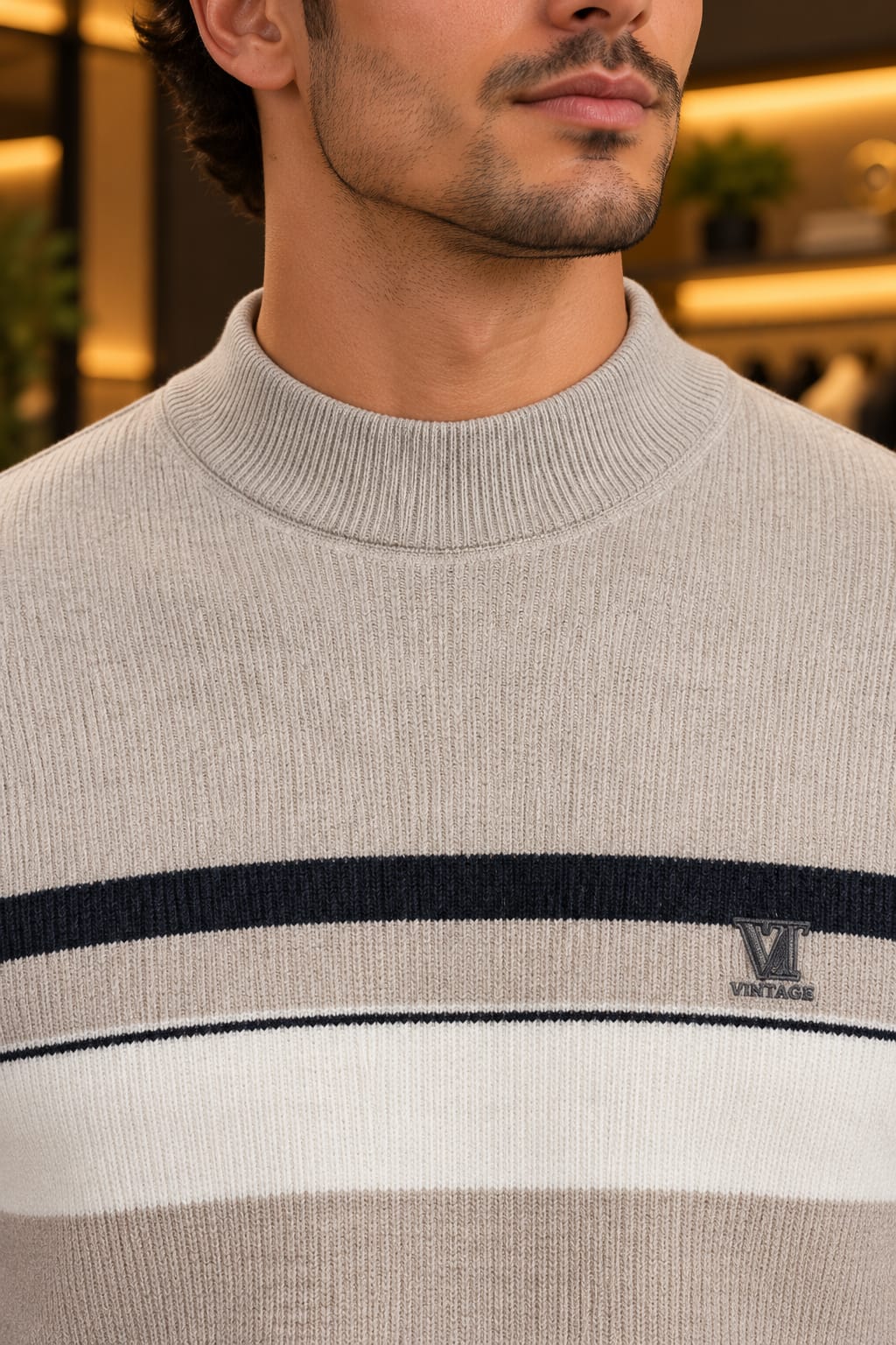 Men’s Mock Neck Contrast Stripe Knit Sweater