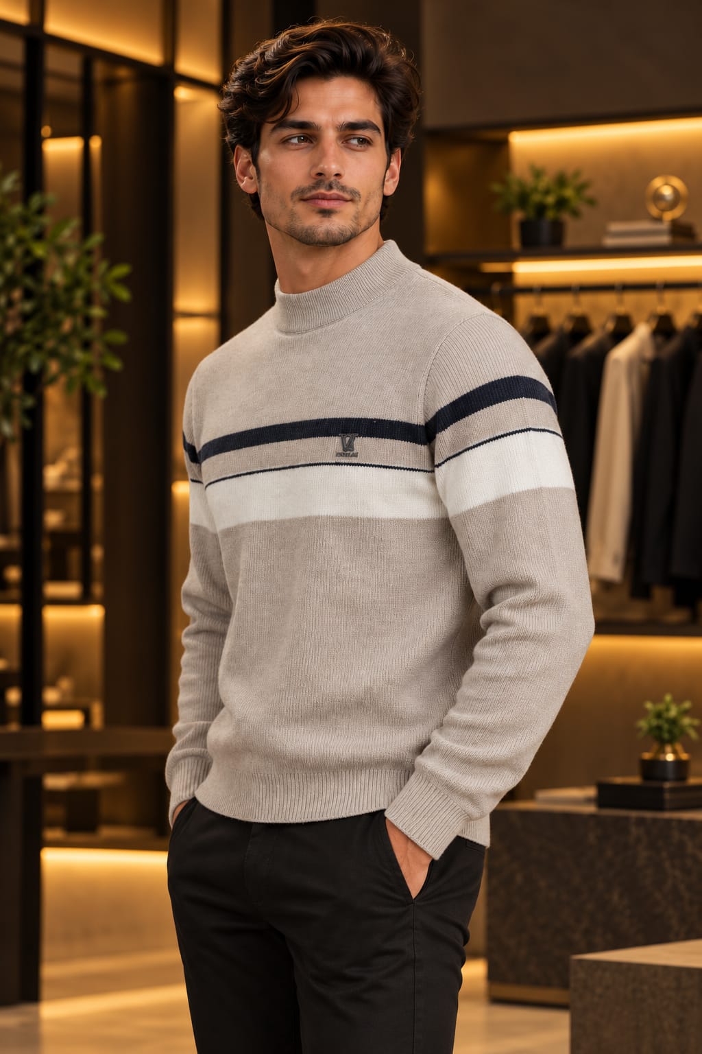 Men’s Mock Neck Contrast Stripe Knit Sweater