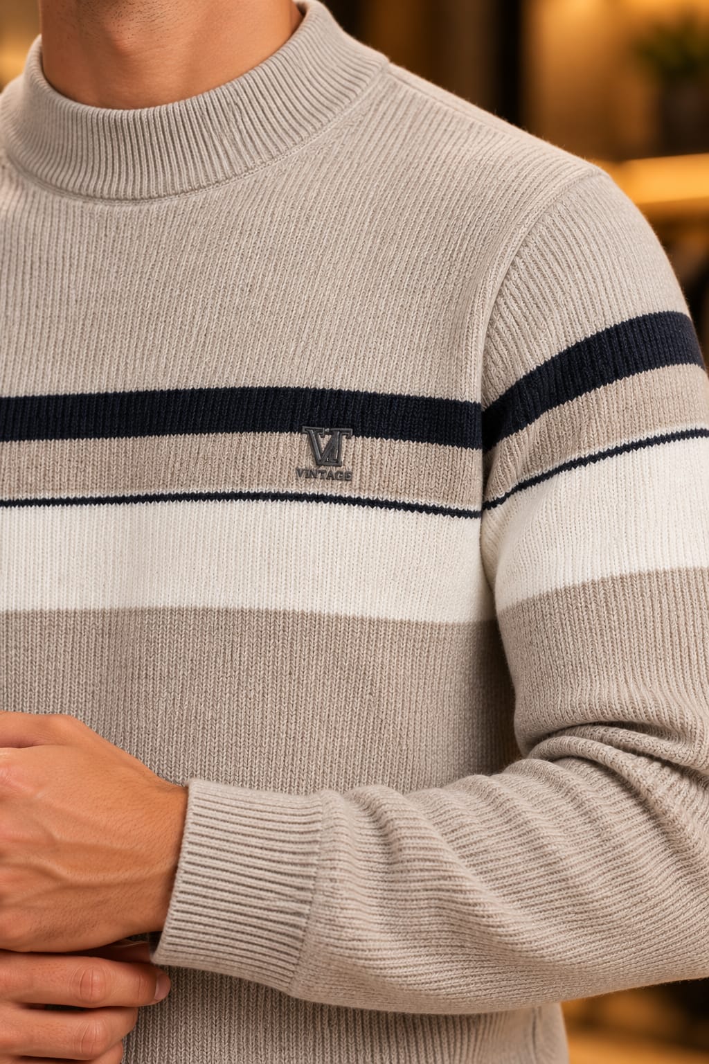 Men’s Mock Neck Contrast Stripe Knit Sweater