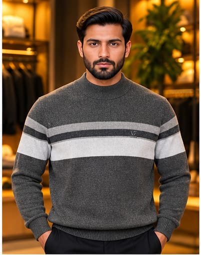 Men’s Mock Neck Contrast Stripe Knit Sweater