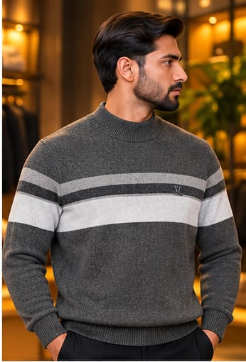 Men’s Mock Neck Contrast Stripe Knit Sweater