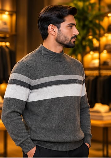 Men’s Mock Neck Contrast Stripe Knit Sweater