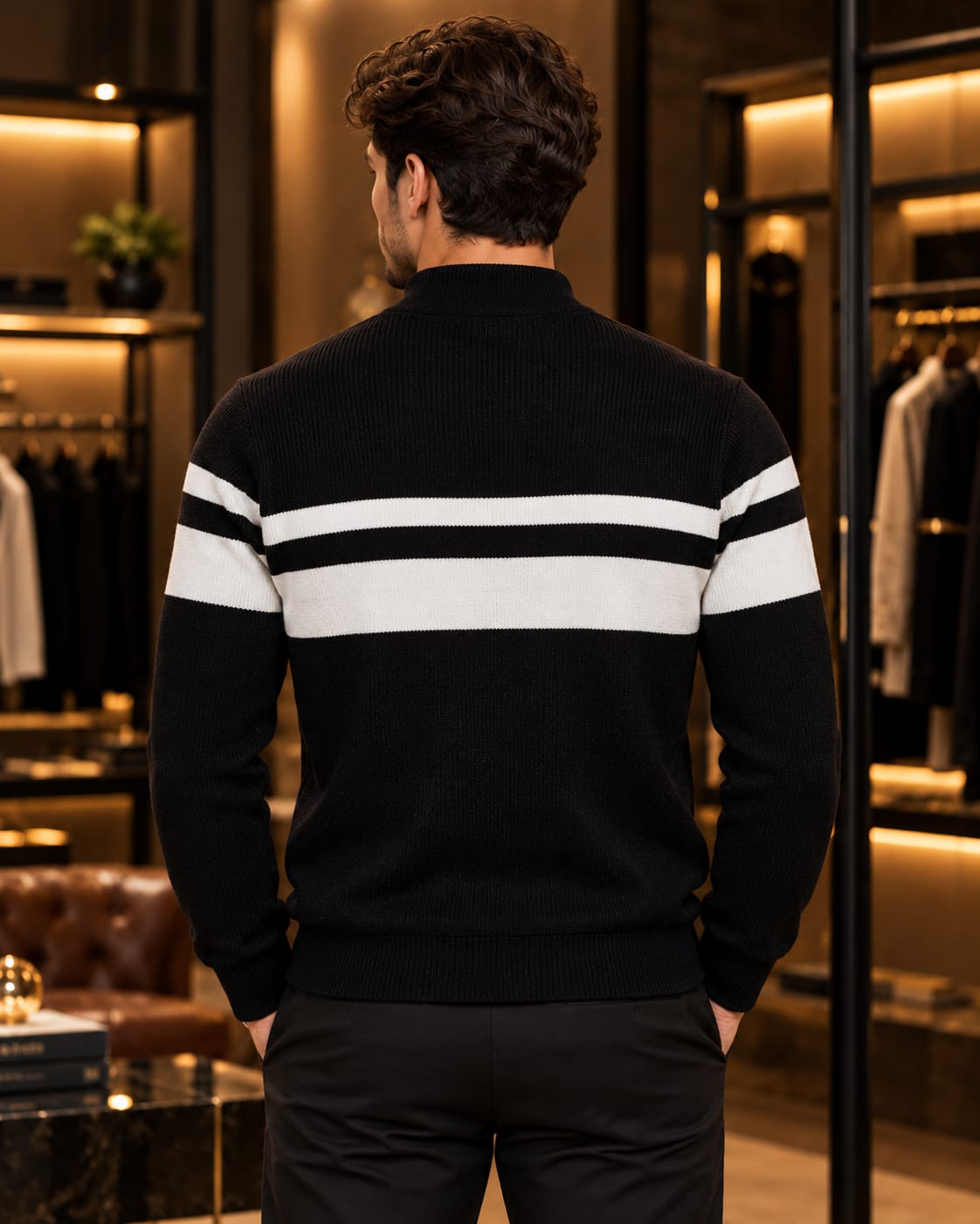 Men’s Mock Neck Contrast Stripe Knit Sweater