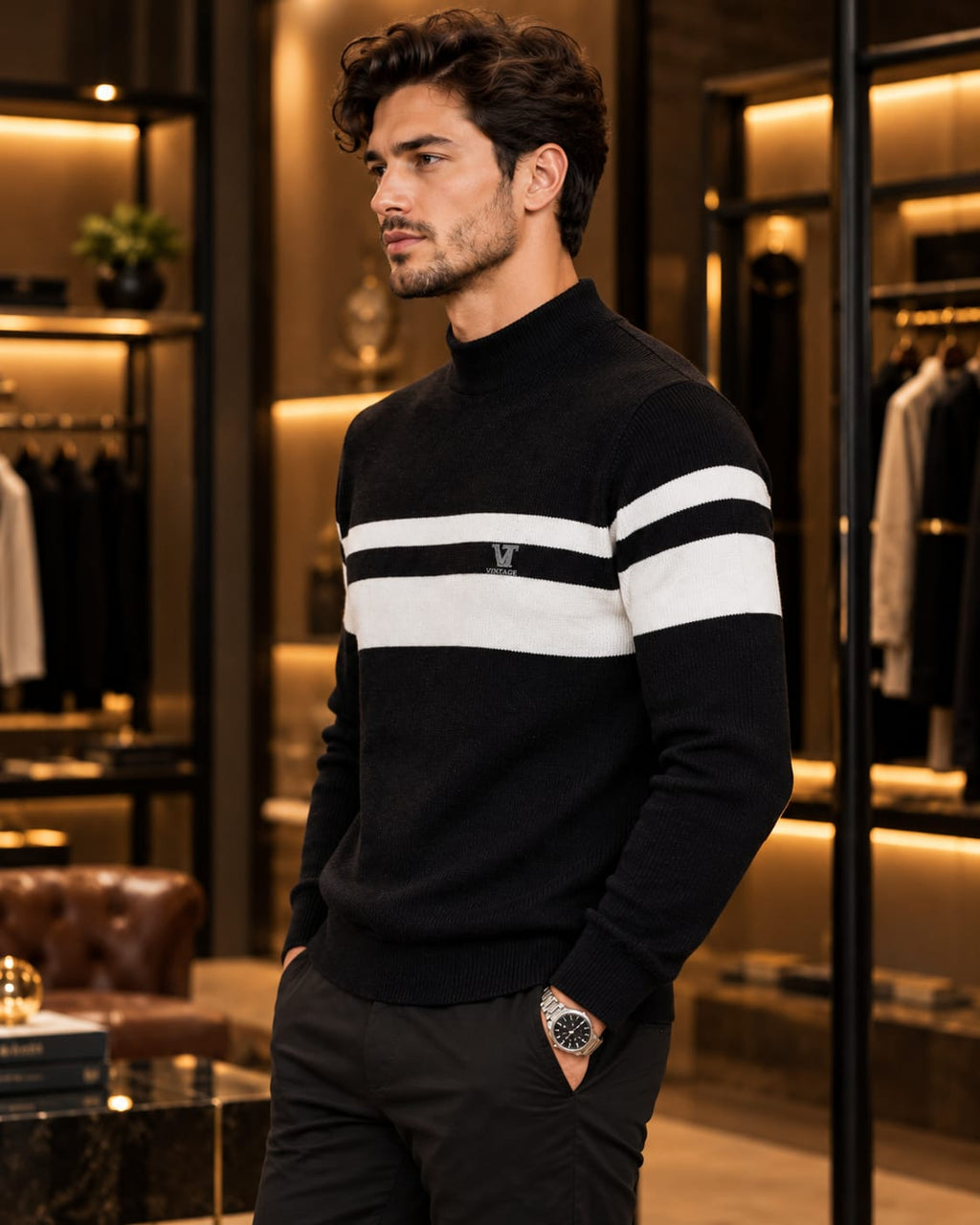 Men’s Mock Neck Contrast Stripe Knit Sweater