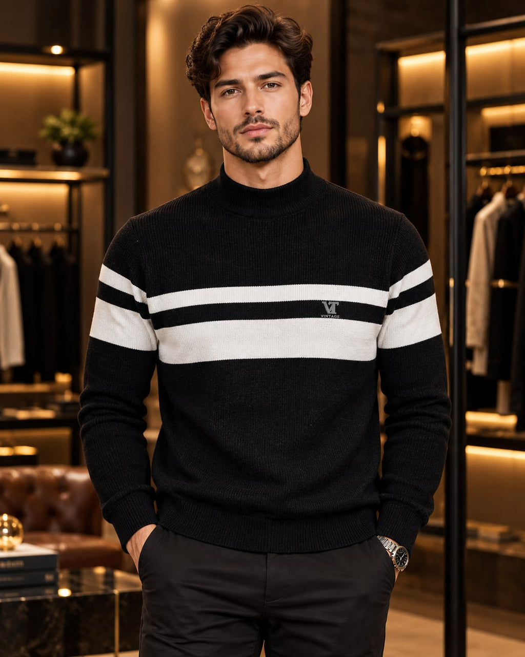 Men’s Mock Neck Contrast Stripe Knit Sweater