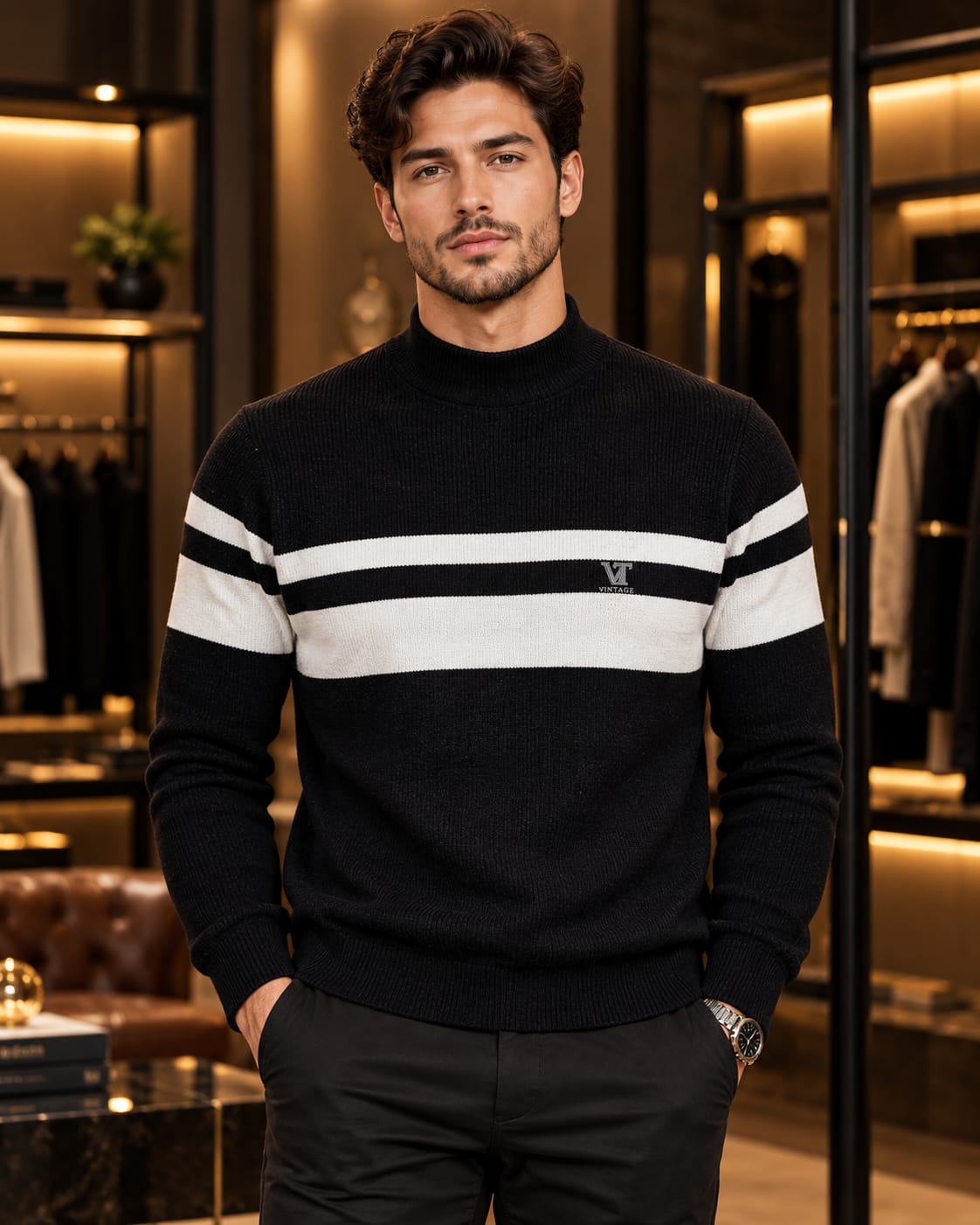 Men’s Mock Neck Contrast Stripe Knit Sweater