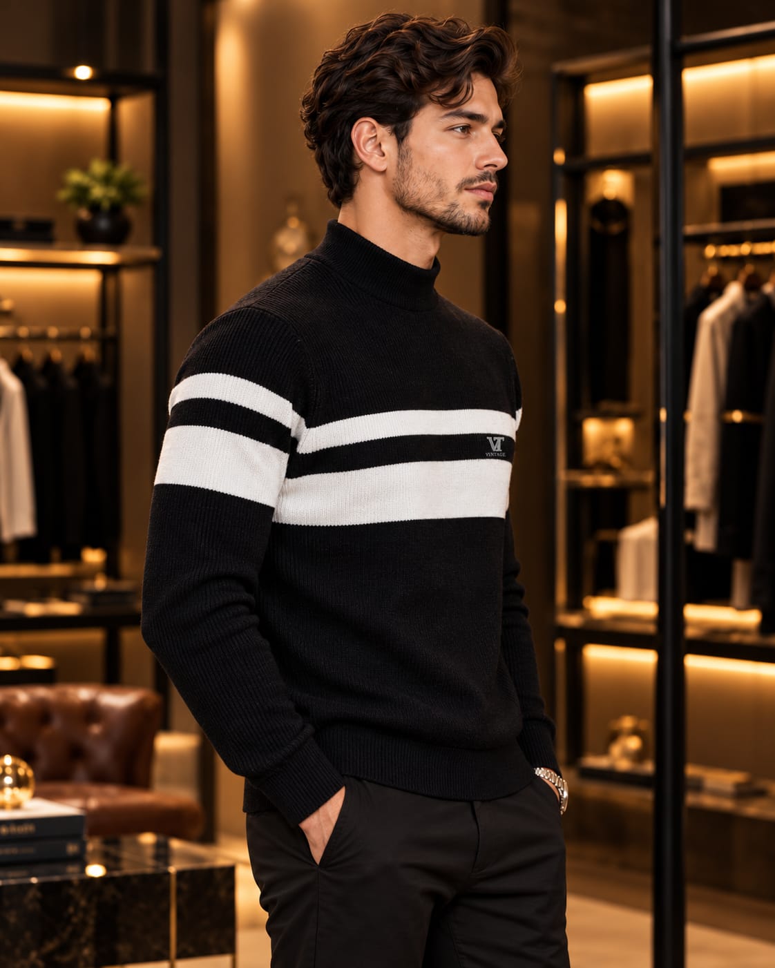 Men’s Mock Neck Contrast Stripe Knit Sweater