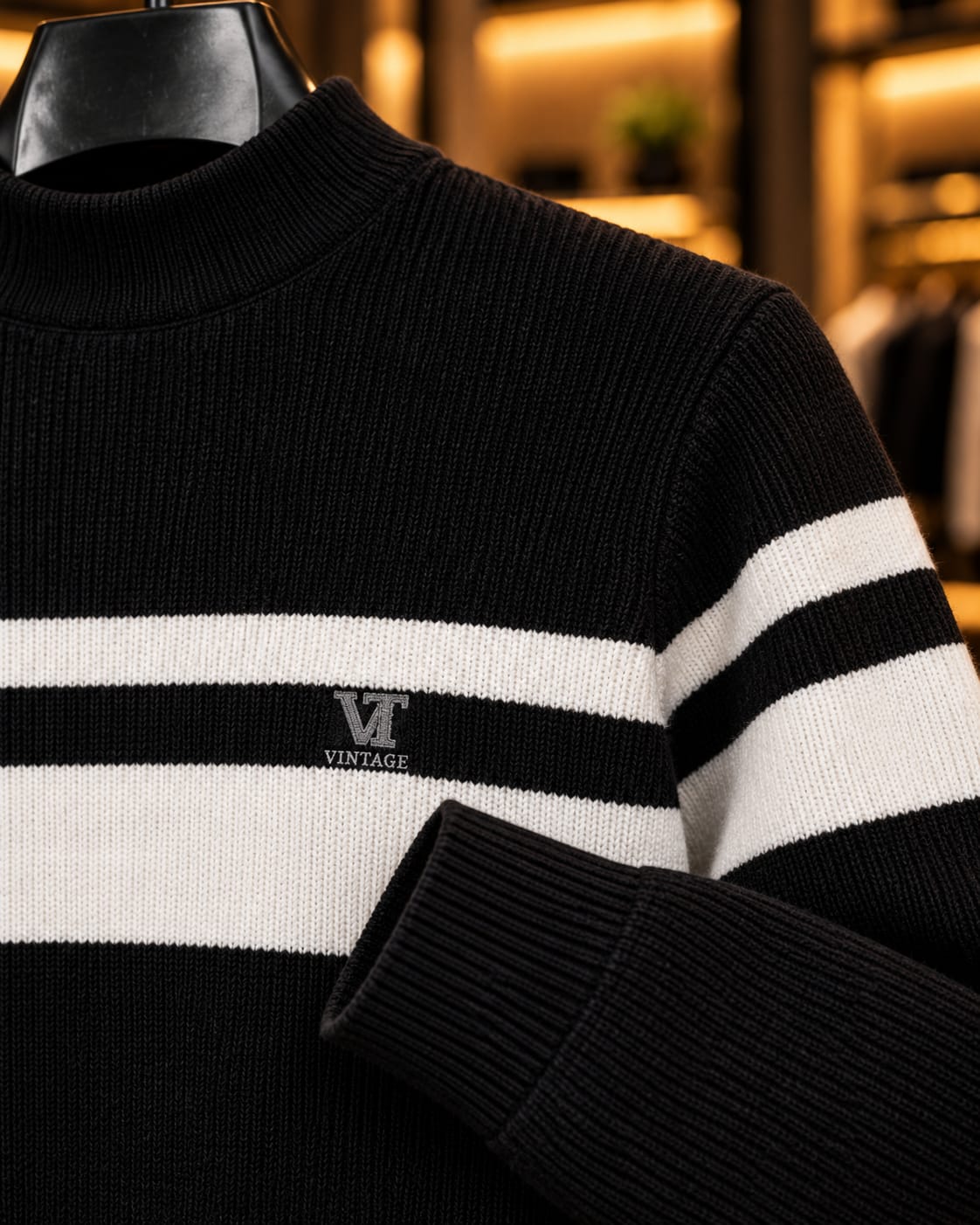 Men’s Mock Neck Contrast Stripe Knit Sweater
