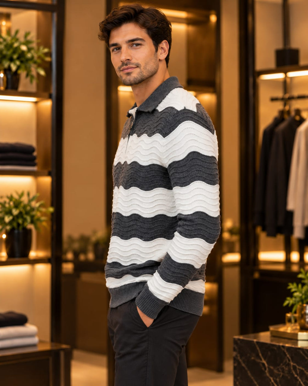 Men’s Textured Stripe Quarter-Zip Polo Sweater