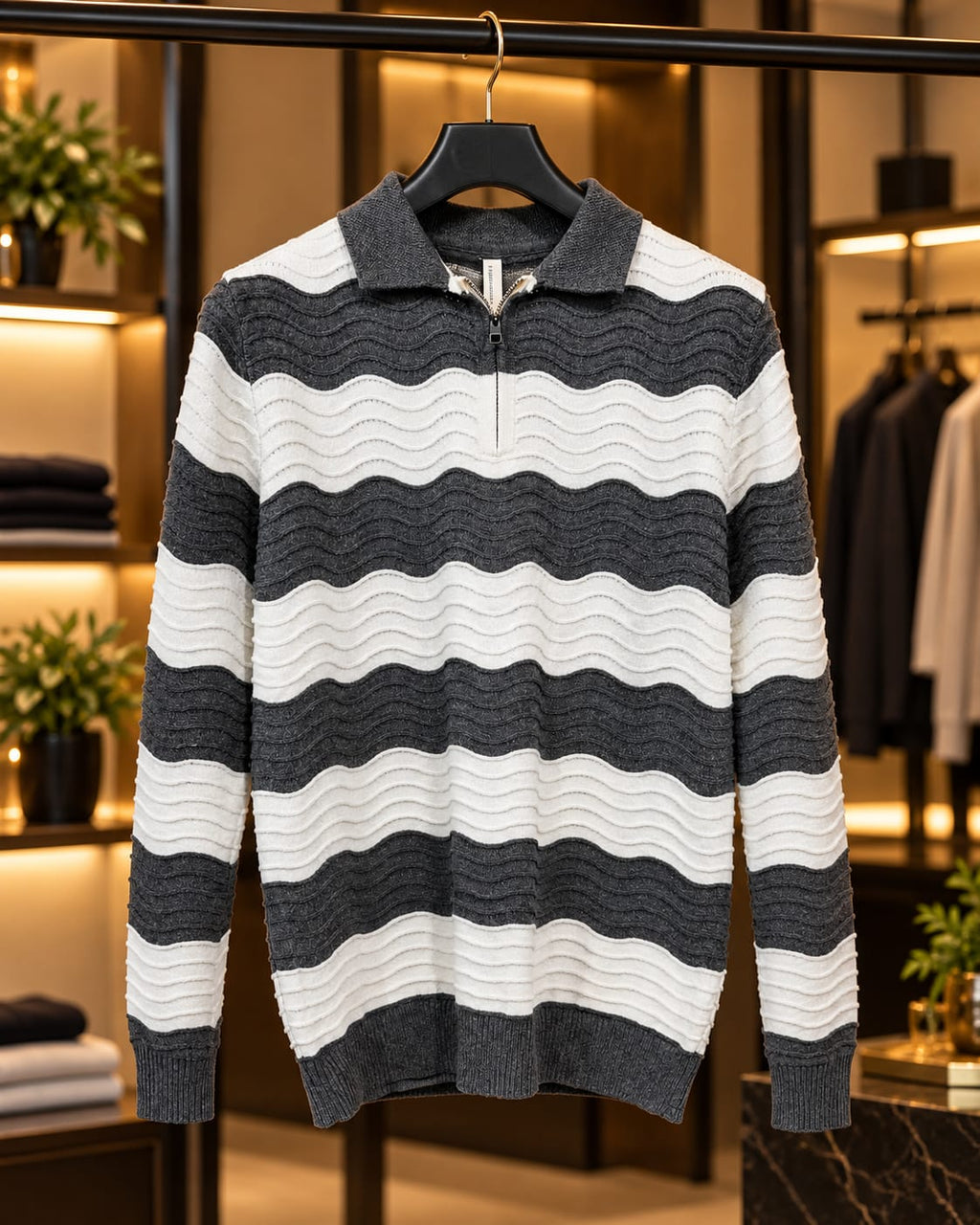 Men’s Textured Stripe Quarter-Zip Polo Sweater