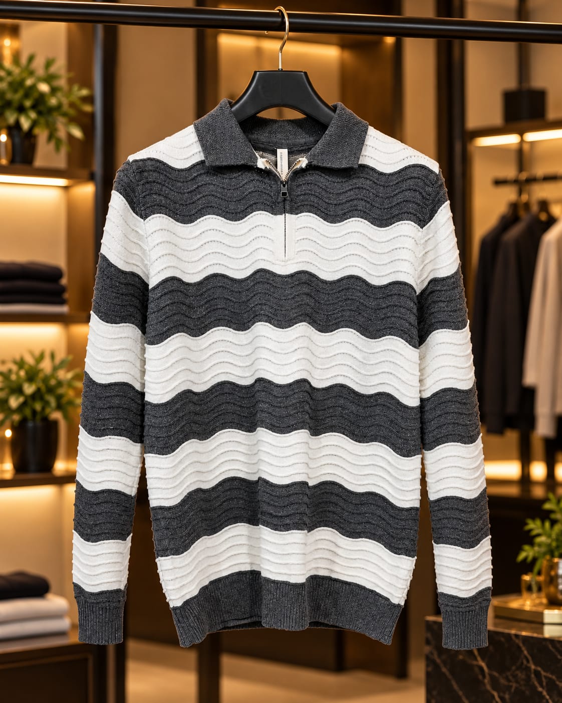 Men’s Textured Stripe Quarter-Zip Polo Sweater