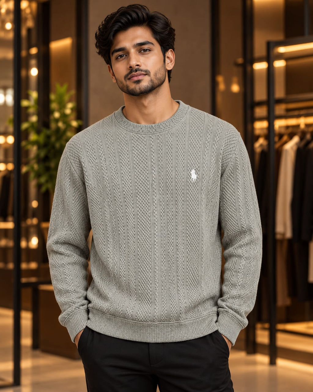 Men’s Textured Cable Knit Crew Neck Sweater