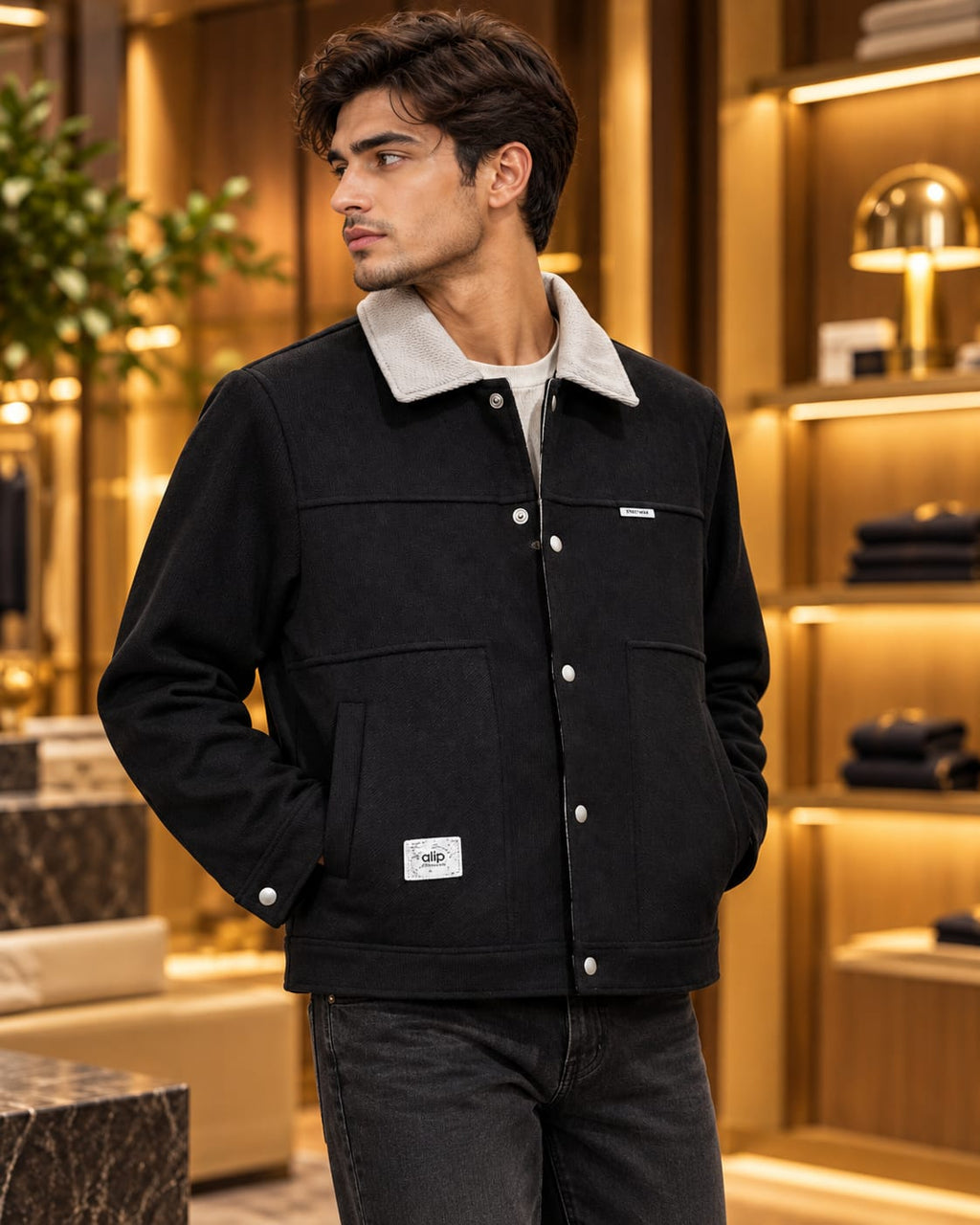 Men’s Contrast Collar Button-Up Utility Jacket