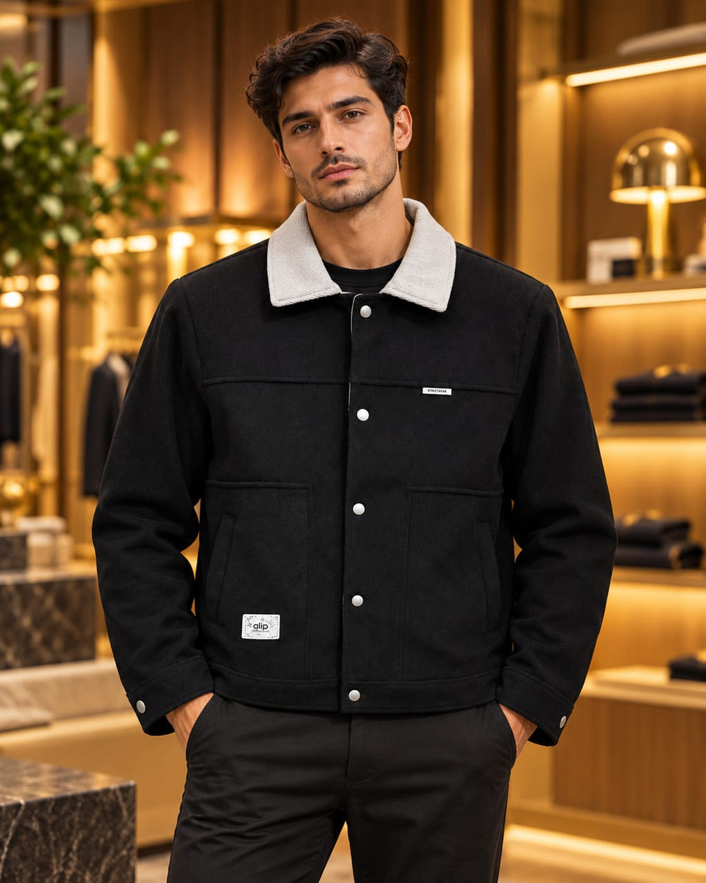 Men’s Contrast Collar Button-Up Utility Jacket