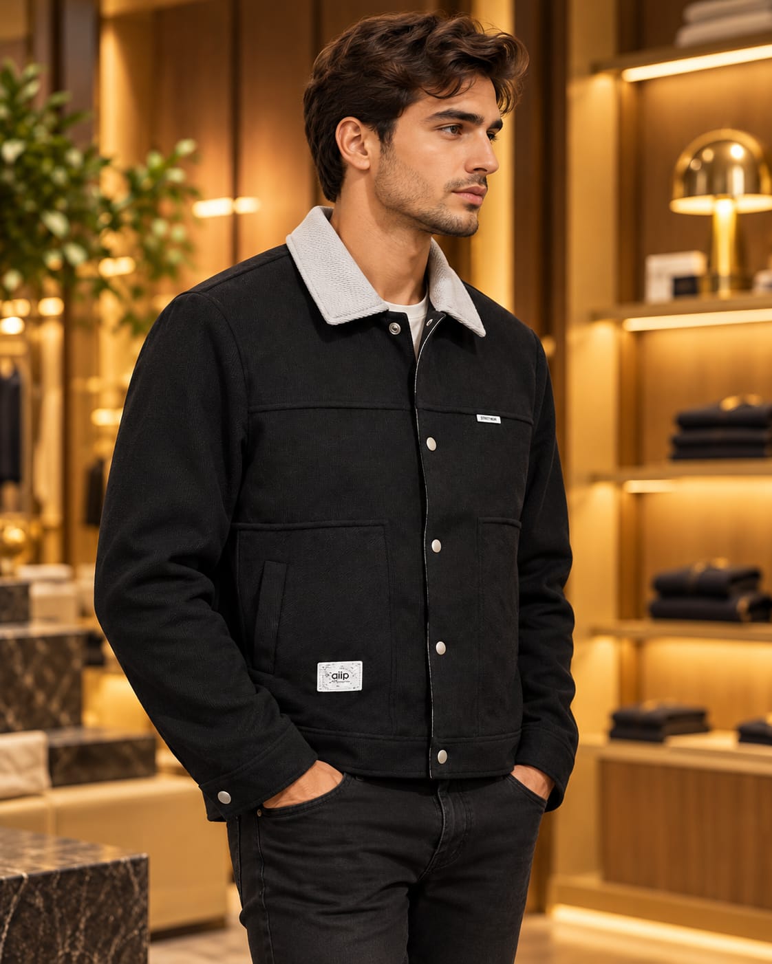 Men’s Contrast Collar Button-Up Utility Jacket