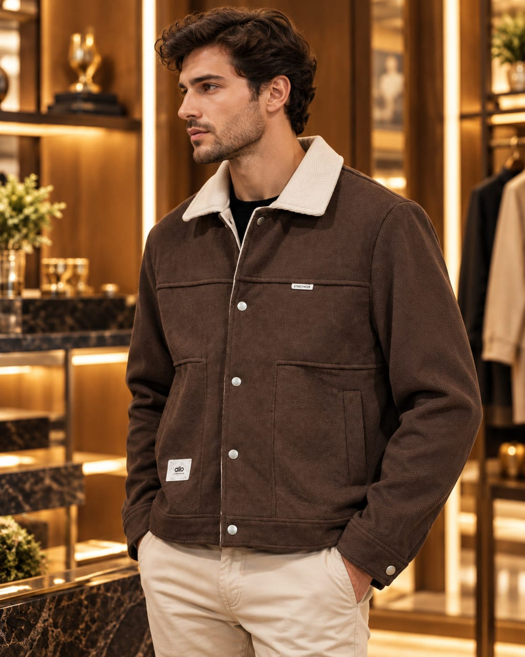 Men’s Contrast Collar Button-Up Utility Jacket