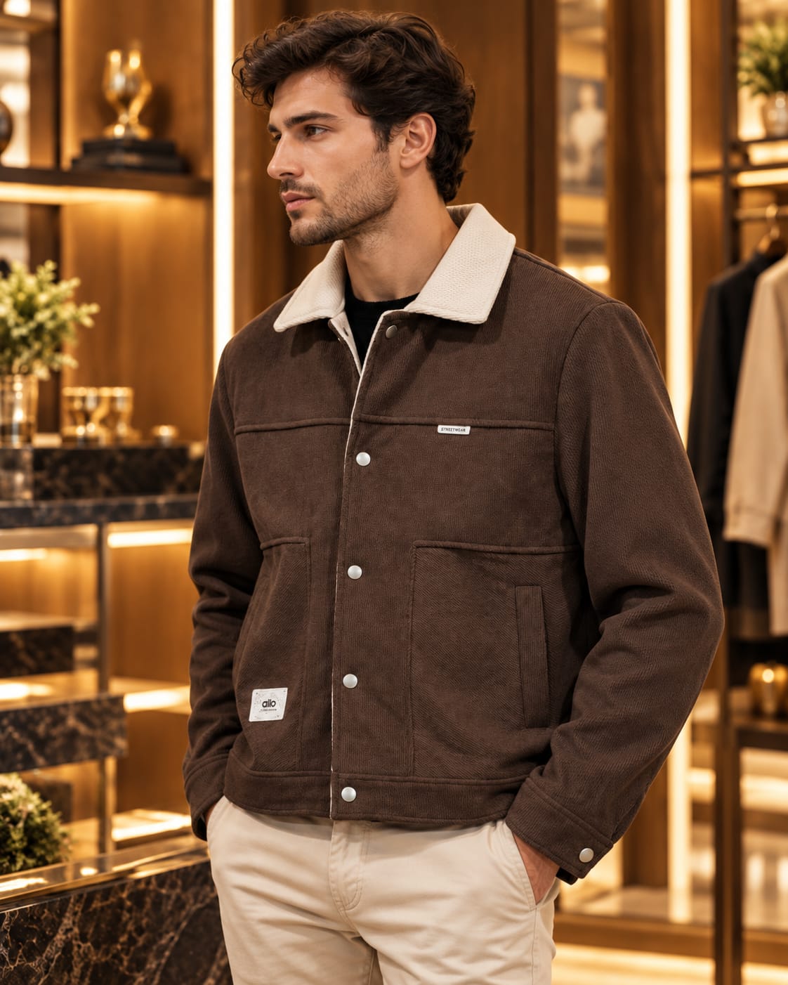 Men’s Contrast Collar Button-Up Utility Jacket
