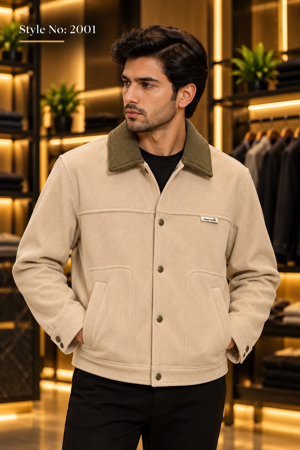 Men’s Contrast Collar Button-Up Utility Jacket