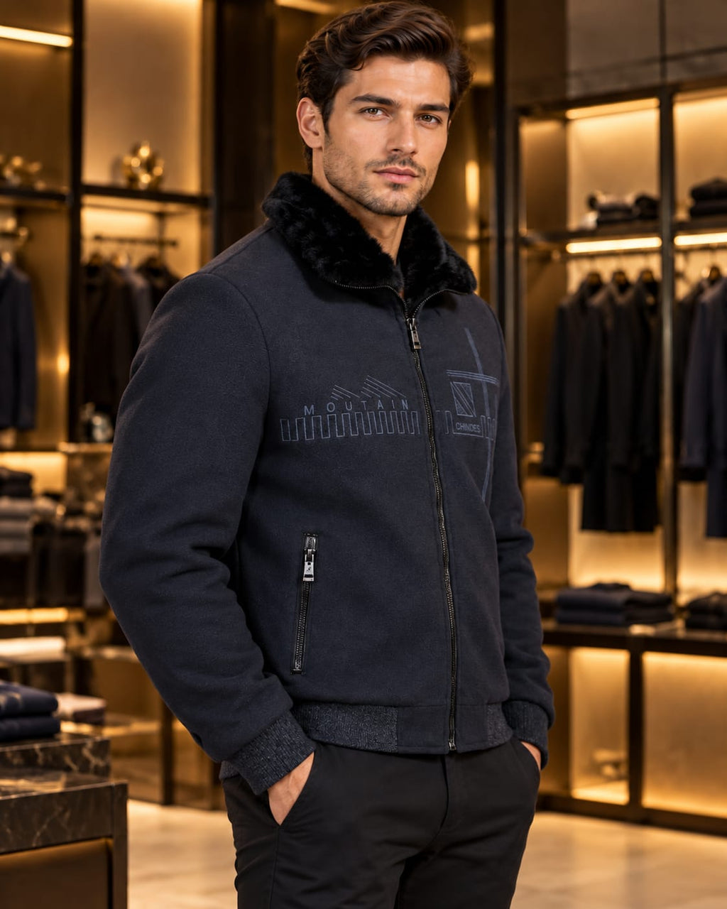 Men’s Faux-Fur Collar Zip Jacket