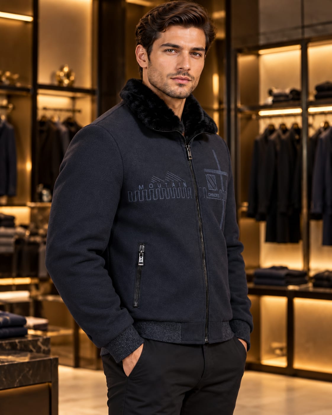 Men’s Faux-Fur Collar Zip Jacket