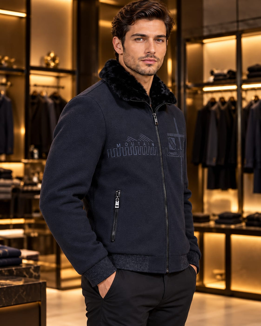 Men’s Faux-Fur Collar Zip Jacket