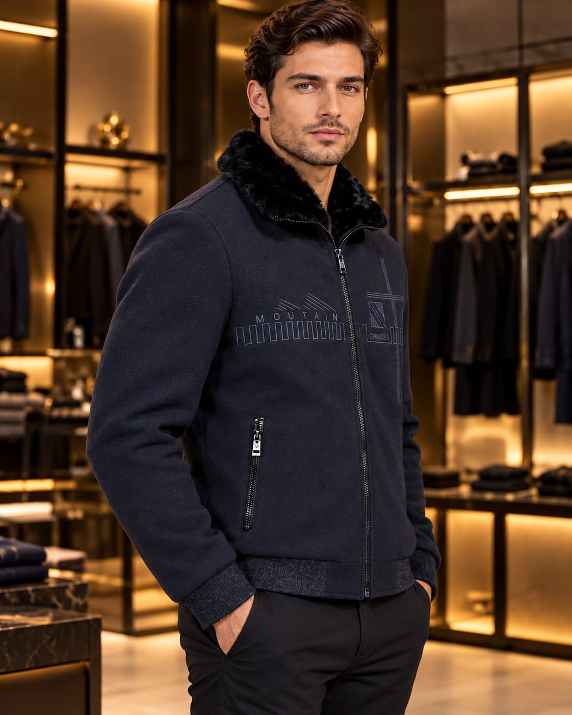 Men’s Faux-Fur Collar Zip Jacket
