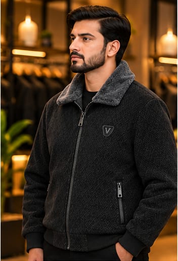 Men’s Textured Faux-Fur Collar Zip Jacket