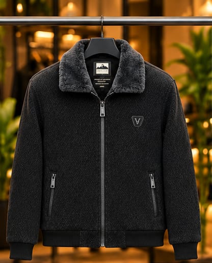 Men’s Textured Faux-Fur Collar Zip Jacket