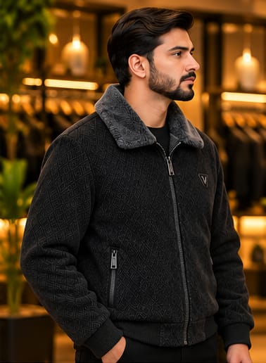 Men’s Textured Faux-Fur Collar Zip Jacket