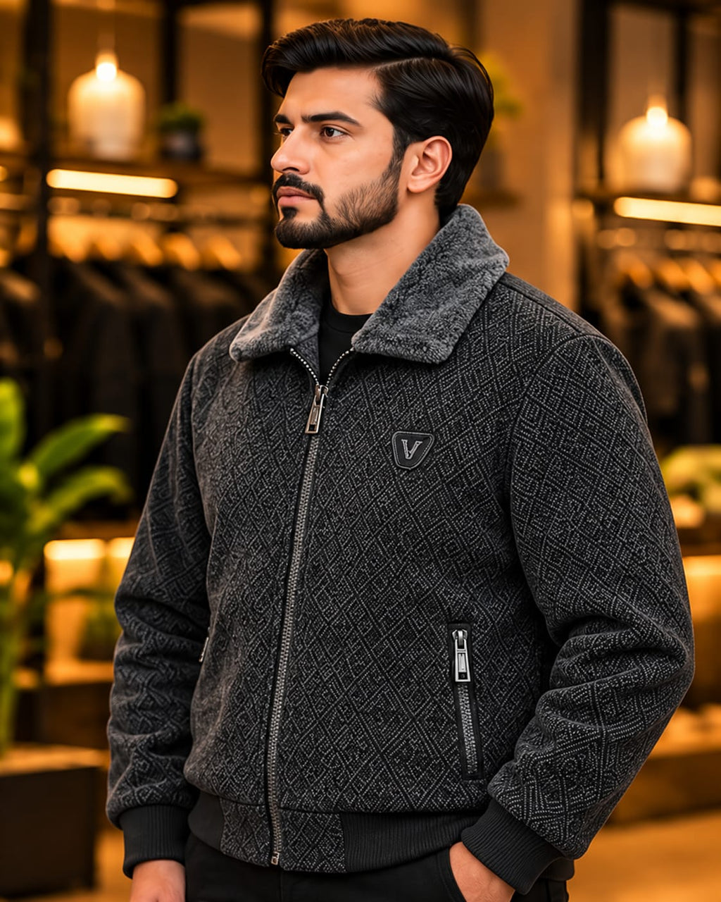 Men’s Textured Faux-Fur Collar Zip Jacket
