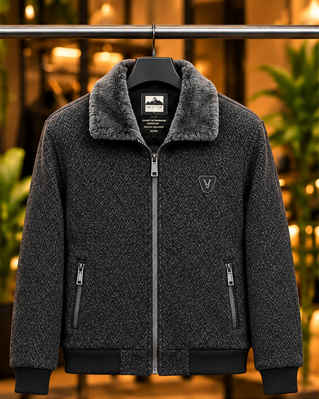Men’s Textured Faux-Fur Collar Zip Jacket