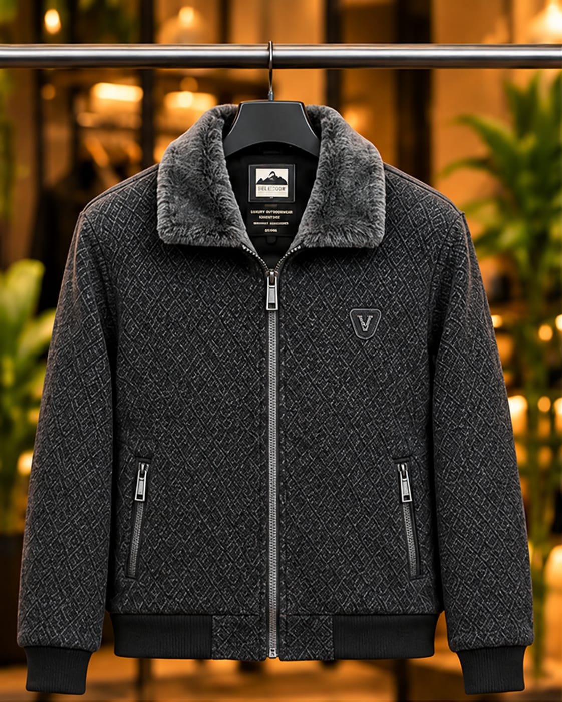 Men’s Textured Faux-Fur Collar Zip Jacket