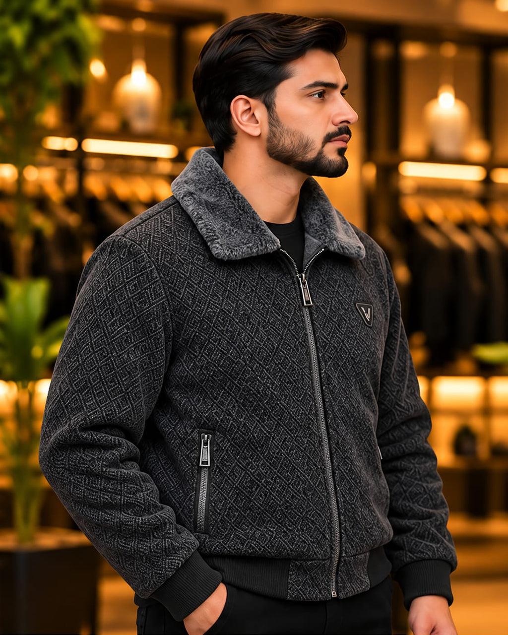 Men’s Textured Faux-Fur Collar Zip Jacket