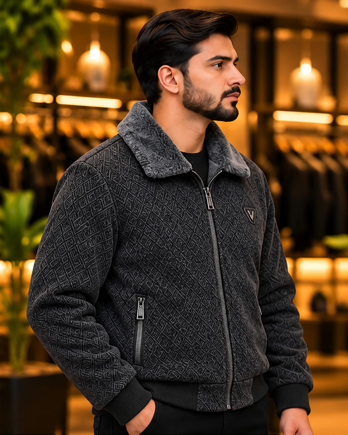 Men’s Textured Faux-Fur Collar Zip Jacket