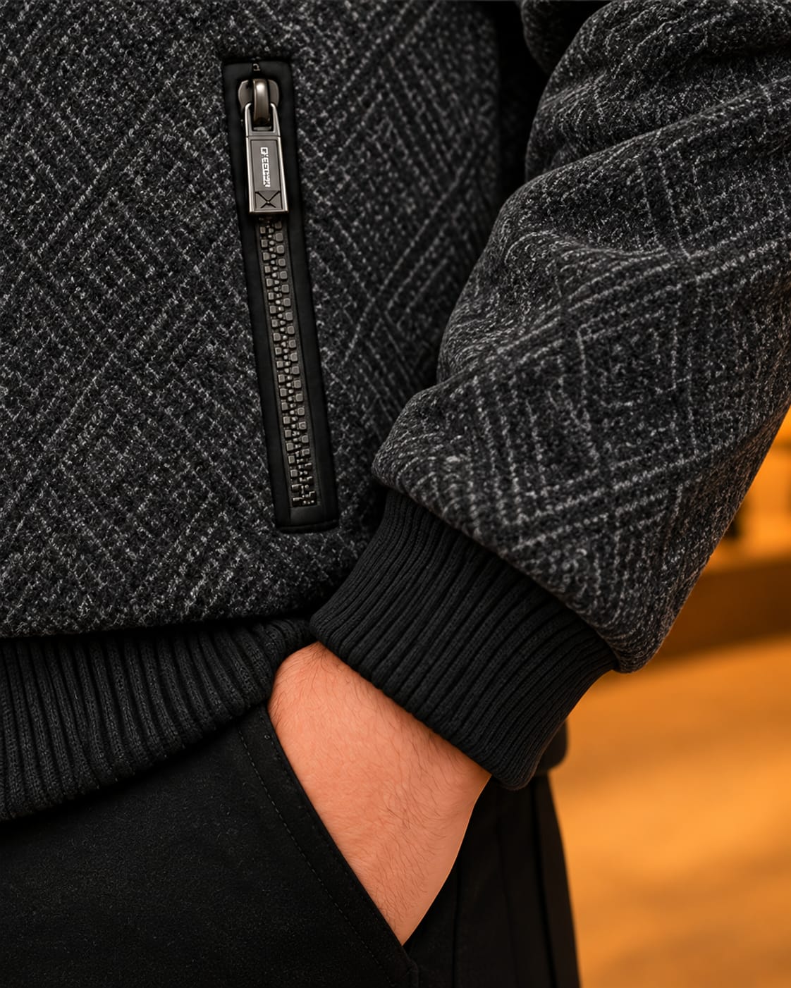 Men’s Textured Faux-Fur Collar Zip Jacket