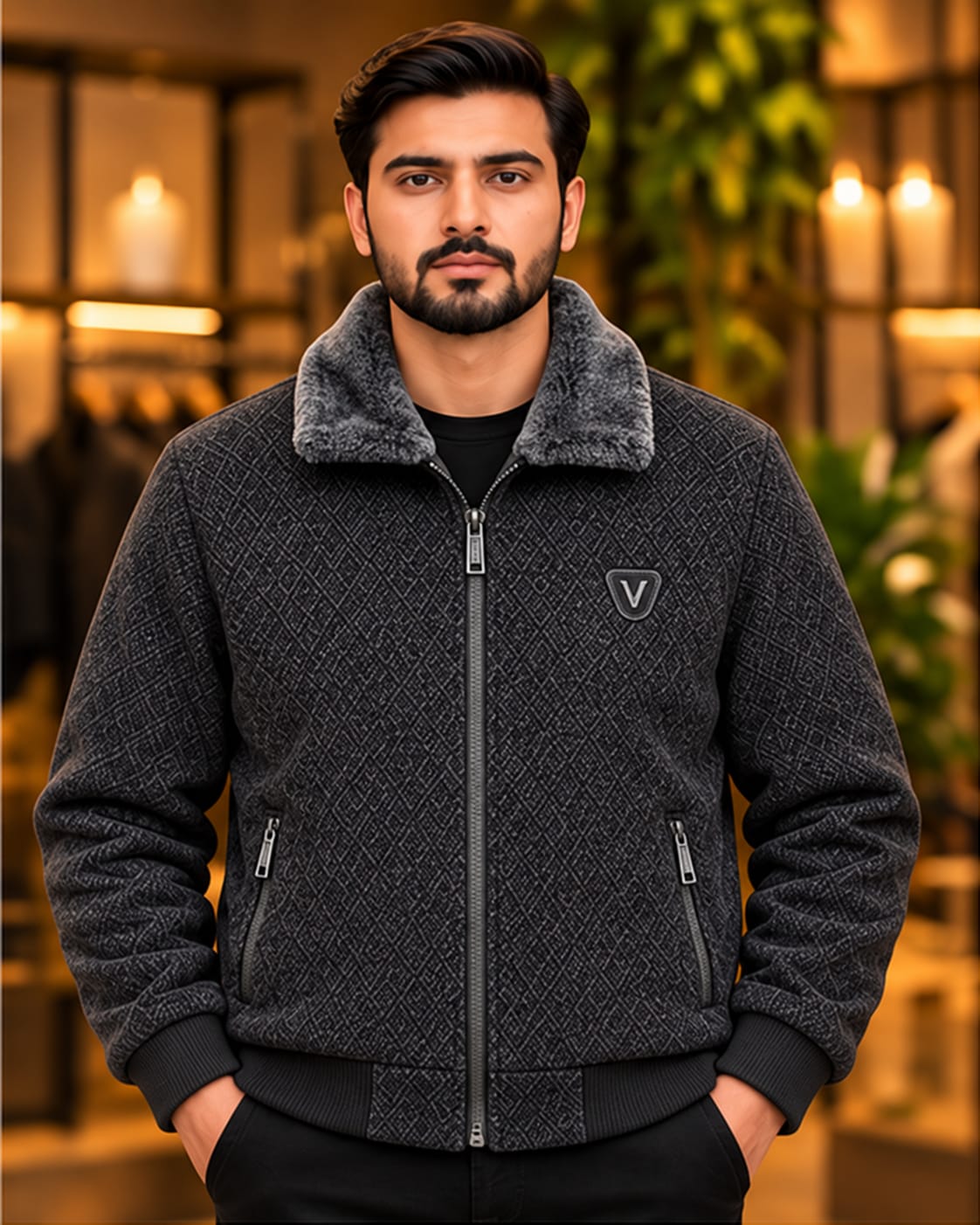 Men’s Textured Faux-Fur Collar Zip Jacket