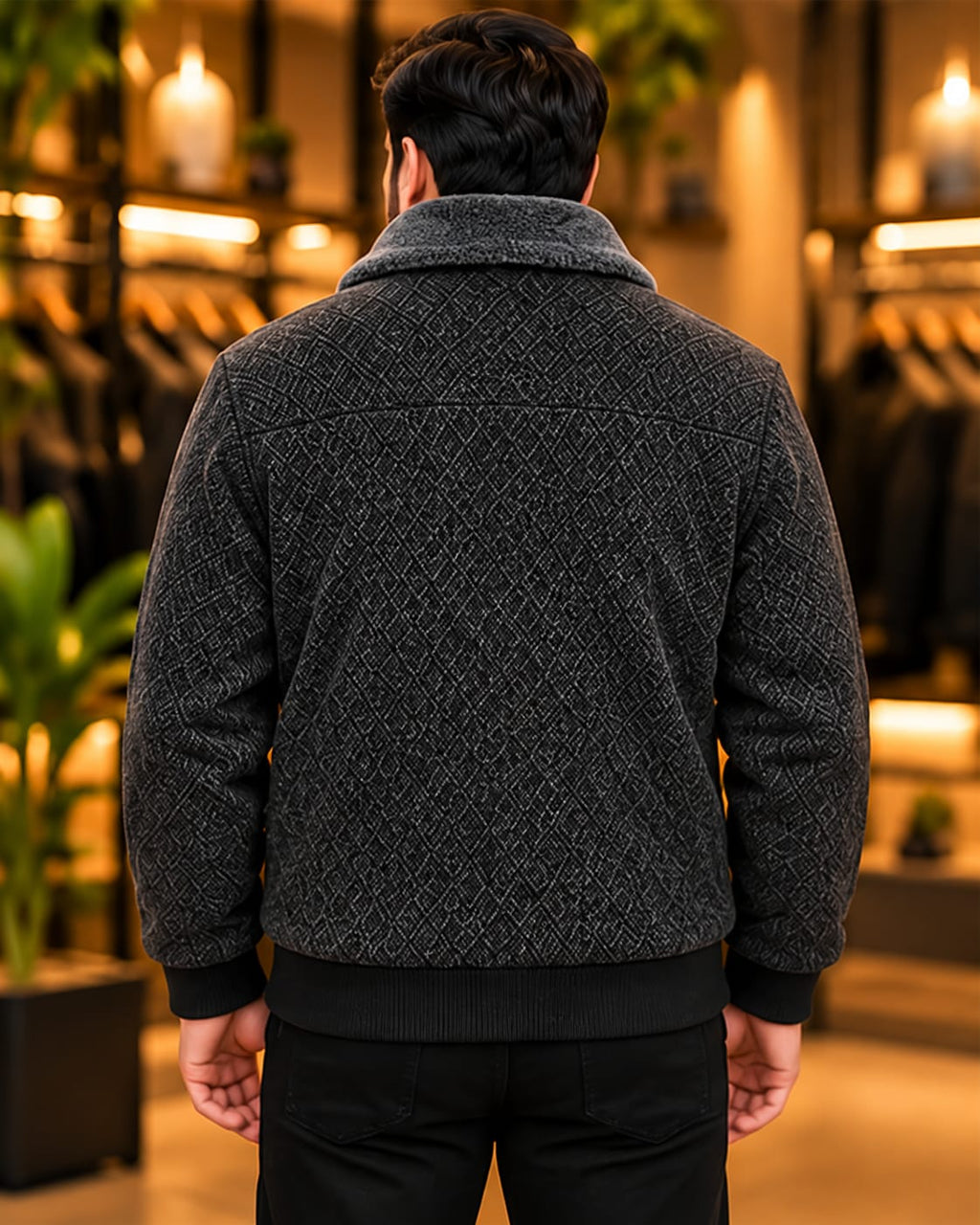Men’s Textured Faux-Fur Collar Zip Jacket