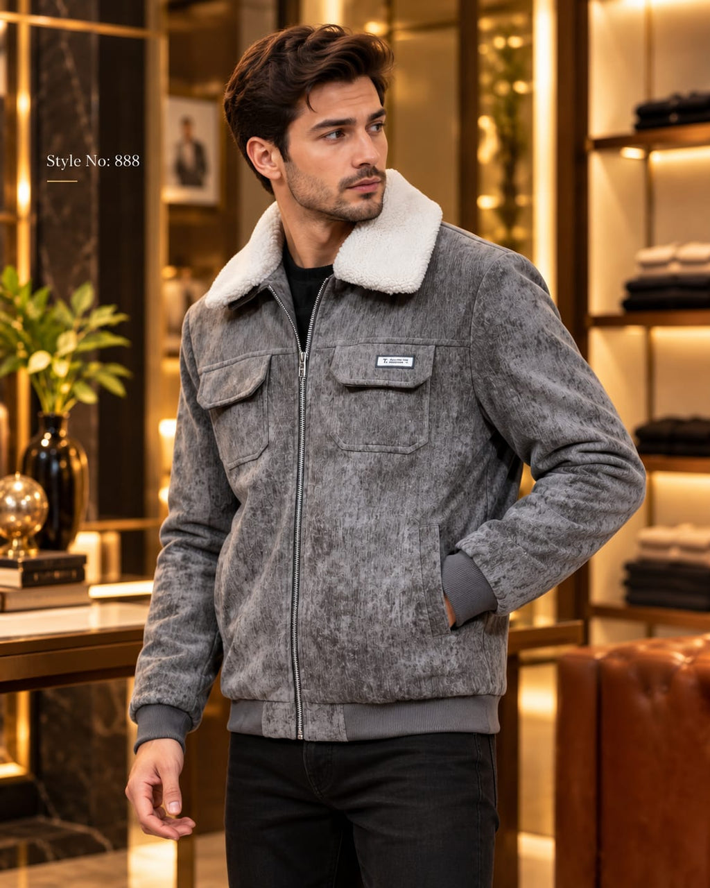 Men’s Sherpa Collar Suede-Look Utility Jacket